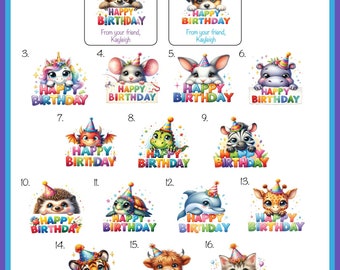 2" Square Happy BIRTHDAY Animals Gift Stickers 2, Sets of 20 Square Labels for Gifts, Parties, Goody Bags and more, Personalized