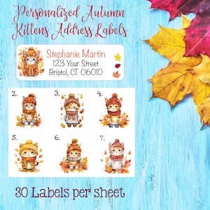 Autumn Kittens Address Labels: Cozy Cats in Leaves, Personalized Set of 30