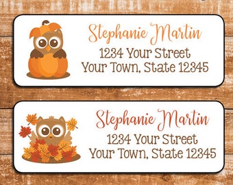 OWL Address Labels AUTUMN, Fall Return Address LABELS, Sets of 30, Pumpkins, Halloween, Personalized