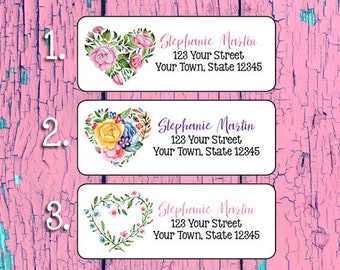 CUORI FLOREALI Etichette per indirizzi personalizzate, etichette per indirizzo di ritorno, set da 30, fiori, personalizzati