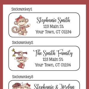 Etiquetas de dirección de devolución personalizadas de Sock Monkey, juegos de 30, Love