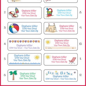 May include: Twelve colorful, rectangular return address labels with a beach theme. Each label features a different beach-themed illustration, such as a seashell, a beach umbrella, a beach ball, a sandcastle, a starfish, a sun, a palm tree, and a beach chair. The labels also include the text "Stephanie Miller", "1234 Your Street", and "Your Town, State Zip".