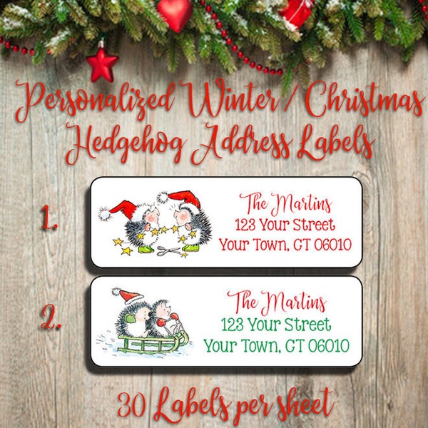 Personalized CHRISTMAS Return Address Labels HEDGEHOGS Address Labels, Sets of 30