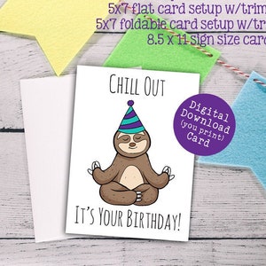 Cute Sloth Birthday Card, Digital Printable, Instant Download, 3 Sizes in Zip