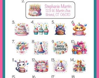 Birthday Theme Return Address Labels, Party Favor Labels, Mini-Bubble Labels, 30 per sheet, Personalized