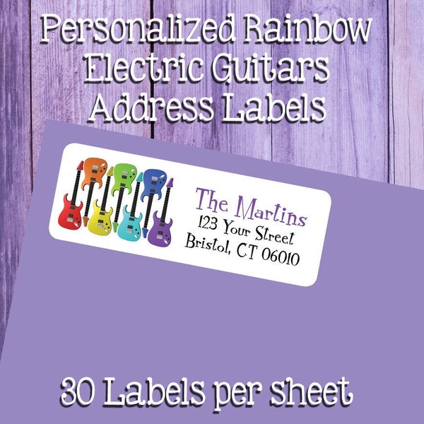 RAINBOW ELECTRIC GUITARS Personalized Address Labels, Sets of 30, Rainbow Design