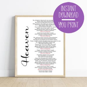 Heaven Lyrics, Bryan Adams, Wall Decor, Printable Instant Download, Valentine&#39;s Day, Anniversary