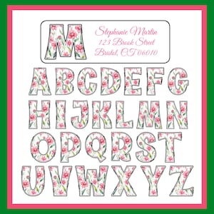 May include: A set of alphabet letters with a floral pattern. Each letter is outlined in black and filled with a pink and green floral design. The letters are arranged in alphabetical order.