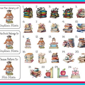 May include: A sheet of colorful book labels with various illustrations. The labels feature stacks of books, cats, owls, and floral arrangements. Text on the labels includes "From the Library of: Stephanie Martin" and "This Book Belongs to: Stephanie Martin".