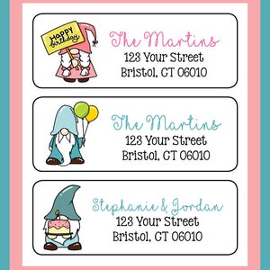 Cute Birthday Gnomes Labels, Property of, Address Labels, Sets of 30 Personalized Labels