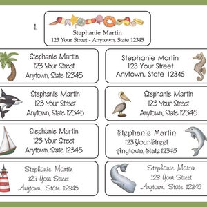 May include: Nine colorful address labels with a beach theme. Each label features a different sea creature or beach object, such as a palm tree, a seahorse, a whale, a lighthouse, a sailboat, a pelican, a dolphin, and an orca. The labels are all white with black borders and include the text "Stephanie Martin, 123 Your Street, Anytown, State 12345".