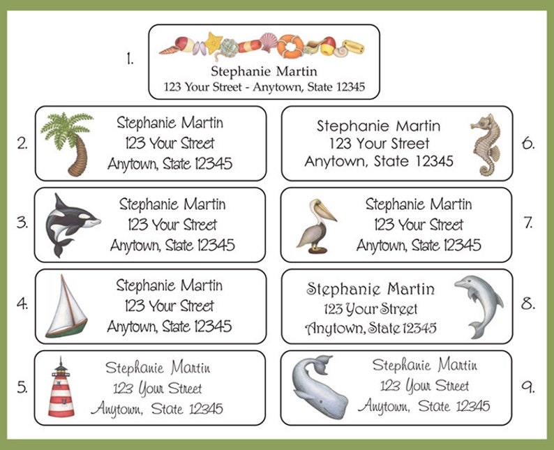 May include: Nine colorful address labels with a beach theme. Each label features a different sea creature or beach object, such as a palm tree, a seahorse, a whale, a lighthouse, a sailboat, a pelican, a dolphin, and an orca. The labels are all white with black borders and include the text "Stephanie Martin, 123 Your Street, Anytown, State 12345".
