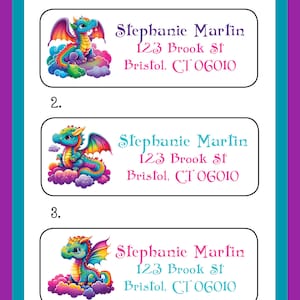 May include: Three colorful return address labels with a cartoon dragon design. The labels feature the text "Stephanie Martin", "123 Brook St", and "Bristol, CT 06010".