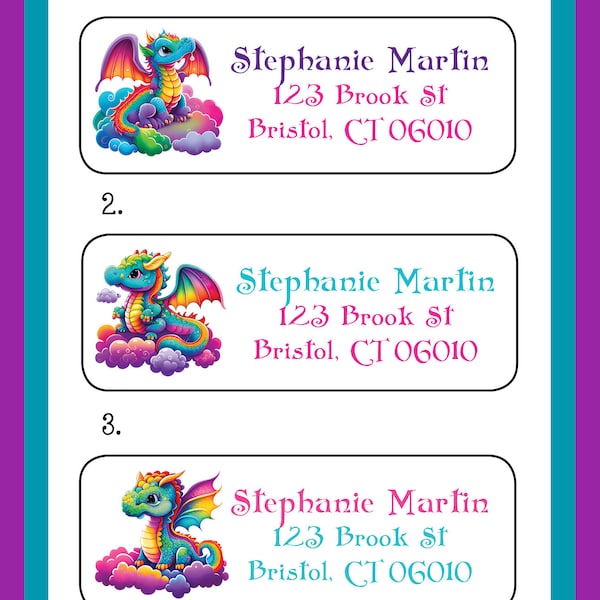 Personalized ADDRESS Labels RAINBOW DRAGONS, Sets of 30, Personalized Return Labels