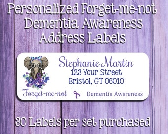DEMENTIA Awareness Forget-Me-Not ELEPHANT Address Labels, Return Address Labels, Personalized 30 Labels per sheet