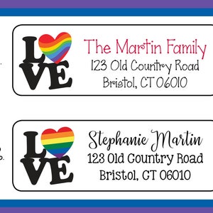May include: Two printable return address labels with the word "LOVE" in black with a rainbow heart. The first label says "The Martin Family" with an address. The second label says "Stephanie Martin" with the same address.