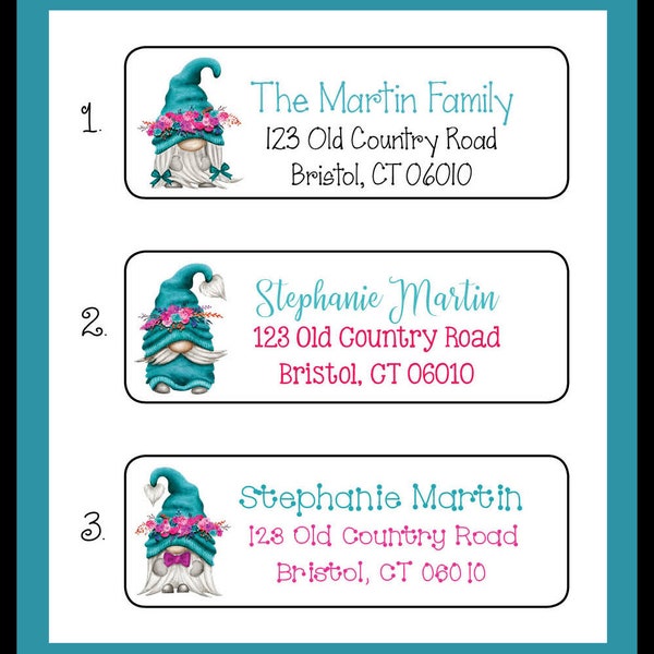 Cute Teal GARDEN GNOMES Labels, Property of, ADDRESS Labels, Sets of 30 Personalized Labels