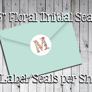 Floral Initial Round Envelope Seals 1 1/2&quot; Round, Wedding, Engagement, Everyday, 30 per sheet