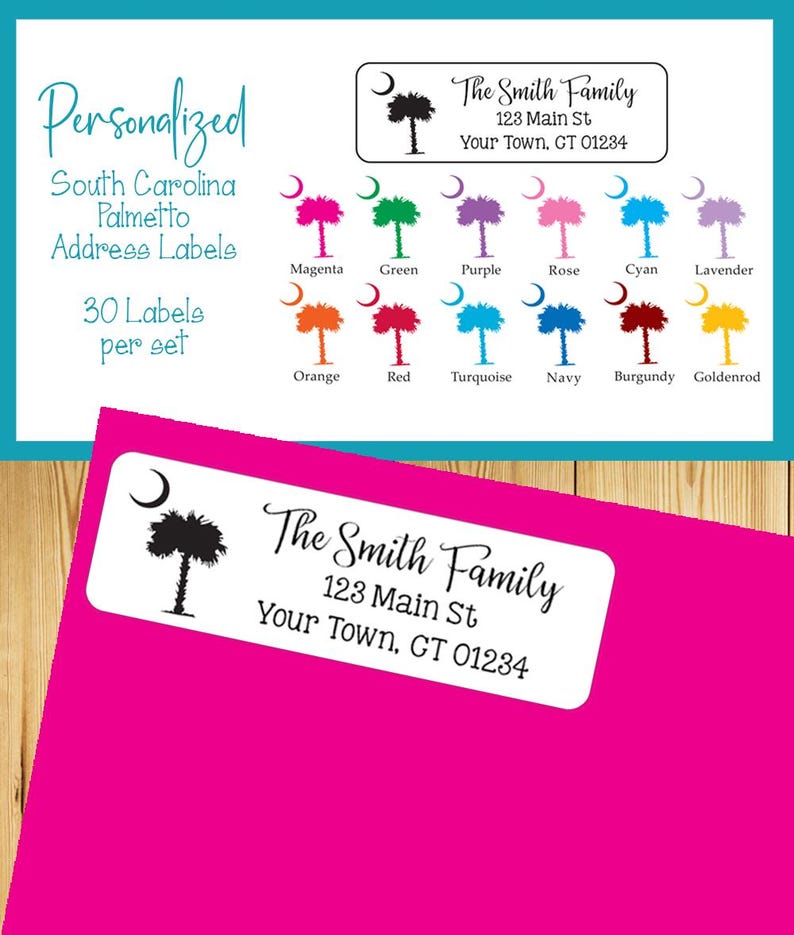 South Carolina Palmetto adresetiketten, palmbomen, palmetto en maan, sets van 30, gepersonaliseerd afbeelding 1