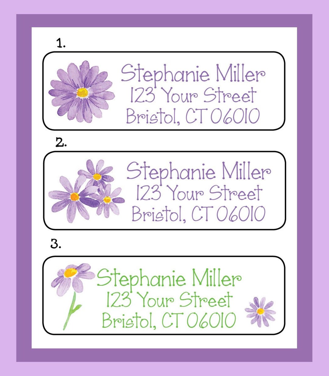 Personalized ADDRESS Labels PURPLE Watercolor DAISIES, Property Of