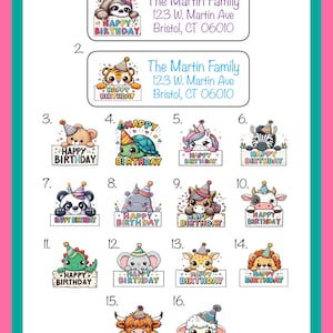 Adresstickers verjaardag dierthema 1, etiketten feestbedankjes, minibellenetiketten, 30 per vel, gepersonaliseerd