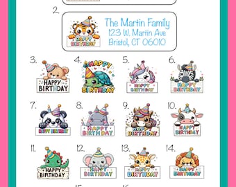 Birthday Animal Theme Return Address Labels 1, Party Favor Labels, Mini-Bubble Labels, 30 per sheet, Personalized