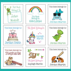 May include: Nine colourful book labels with different illustrations and names. The labels include a frog, a rainbow, a shark, a mouse reading a book, a unicorn, a dinosaur, a teddy bear, a sloth, and a basketball. The text on the labels reads "This Book Belongs to:" followed by a name.
