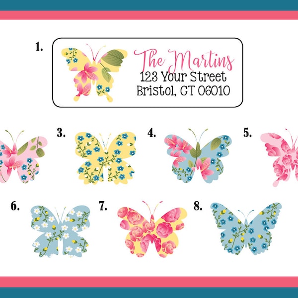 Personalized ADDRESS Labels FLORAL BUTTERFLIES.  Sets of 30 Labels, Personalized Butterfly Labels