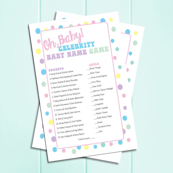 Baby Shower Game Celebrity BABY NAME GAME Polka Dots, Printable Baby Shower Games