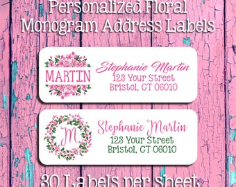 Spring FLORAL MONOGRAM Designs Return ADDRESS Labels, Sets of 30, Personalized