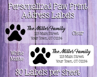 Étiquettes d'adresse PAW PRINT, étiquettes blanches ou transparentes, jeux de 30, patte de chat, patte de chien, couleur au choix, personnalisées
