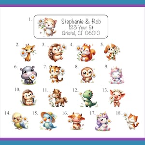 May include: A set of 18 colorful stickers featuring cute animal illustrations with flowers. The animals include a giraffe, hedgehog, squirrel, puppy, hippopotamus, tiger, owl, unicorn, hedgehog, horse, dinosaur, pig, parrot, bird, cow, unicorn, and cat.