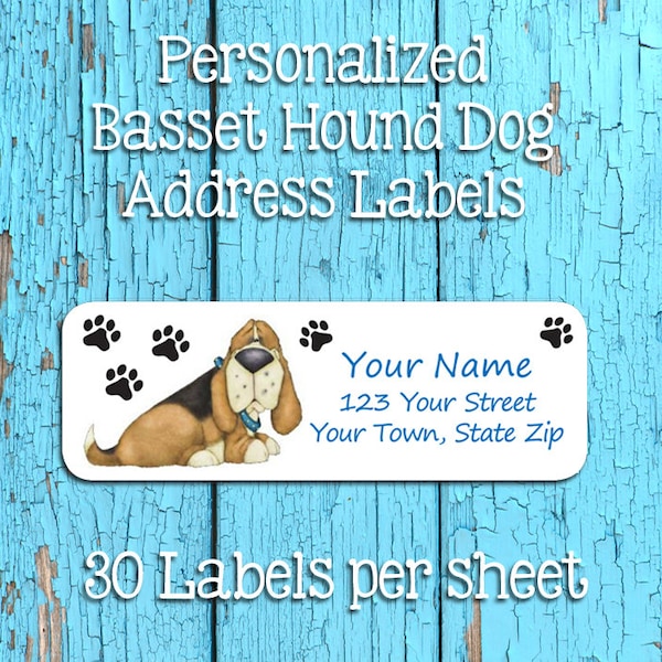 Personalized ADDRESS Labels BASSET HOUND Dog, Dog, Paw Prints, Cute Dog, Sets of 30, Personalized