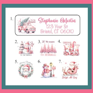 Gepersonaliseerde roze kerstadreslabels sets van 30 labels, gepersonaliseerde retourlabels