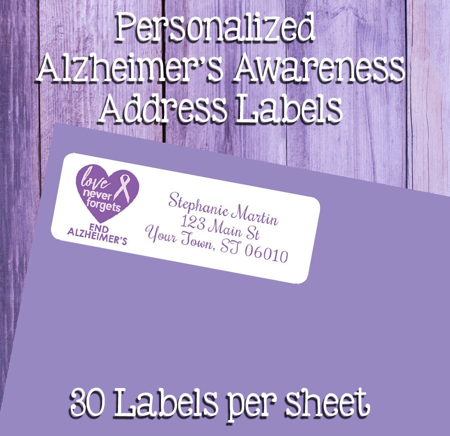 ALZHEIMER'S Awareness Ribbon Address Labels, Return Address Labels,  Personalized 30 Labels per sheet, Love Never Forgets
