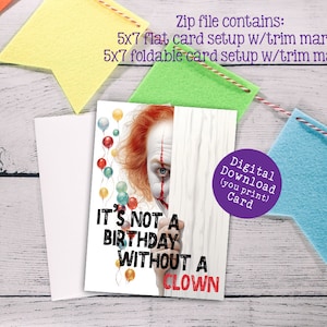 Verjaardagskaart enge clown, digitaal afdrukbaar, direct downloaden, 2 stijllay-outs met ritssluiting