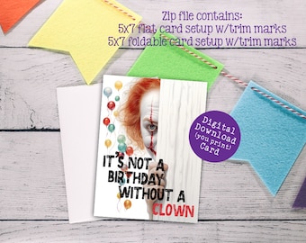 BIGLIETTO DI COMPLEANNO CLOWN spaventoso, stampabile digitale, download istantaneo, 2 layout di stile in Zip