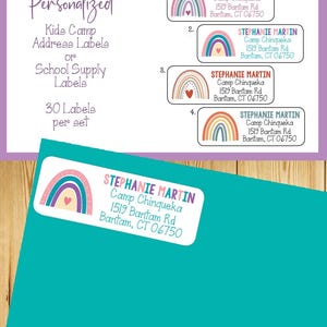 Regenbogen personalisierte Camping Kinder Adressaufkleber, Zurück zu Schulbedarf Etiketten, Kinderlager Etiketten, 30er-Set, Sommerlager
