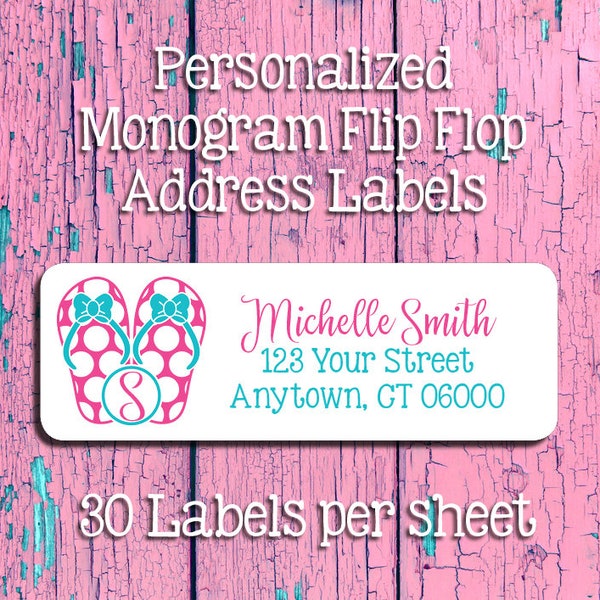 Monogram Flip Flop Return ADDRESS Labels - Polka Dot FLIP FLOPS, Sets of 30, Flipflop Labels, Personalized