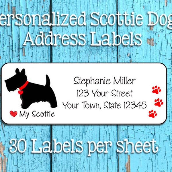 Étiquettes I Love My SCOTTIE ADDRESS, Terrier écossais, empreintes de pattes, chien mignon, par lot de 30, personnalisés