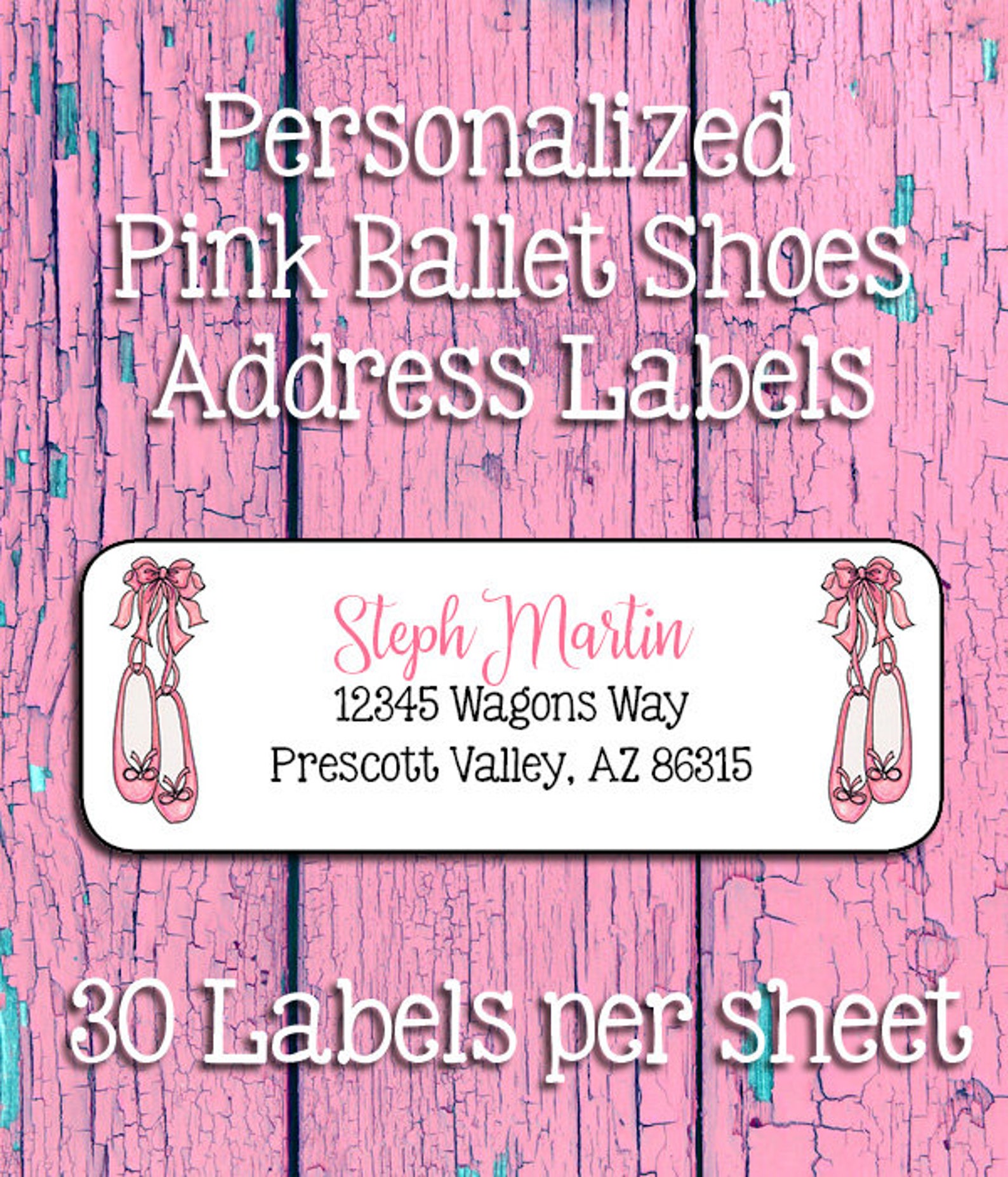 pink ballet shoes personalized address labels, return address labels, sets of 30, toe shoes