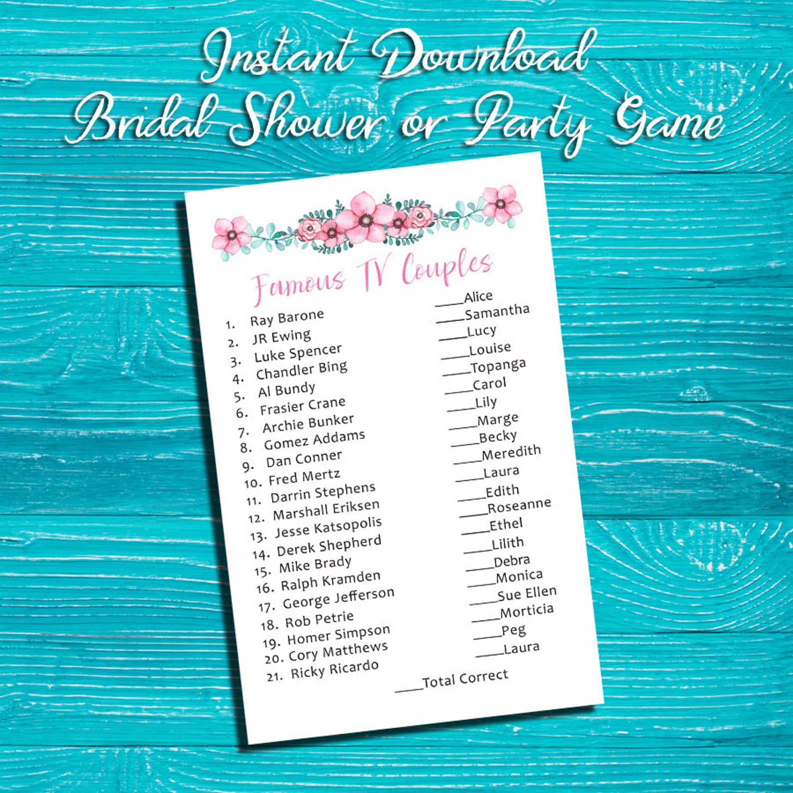 Bridal Shower Game Famous TV Couples INSTANT DOWNLOAD Bridal Etsy