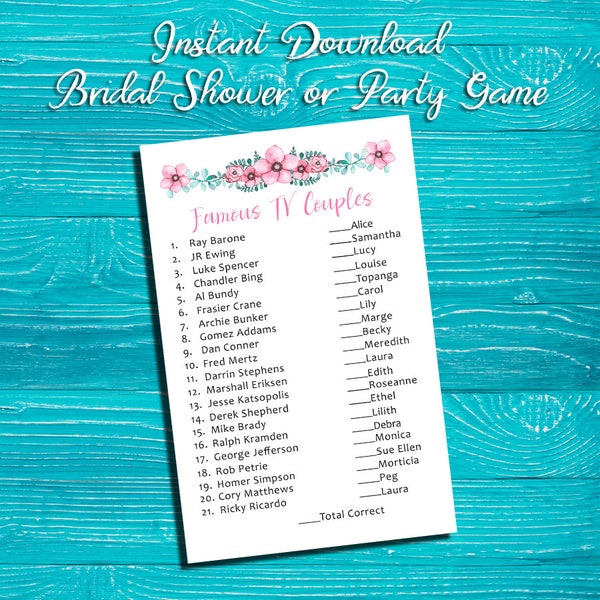 Bridal Shower Game Famous TV Couples, INSTANT DOWNLOAD Bridal Shower Activity