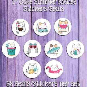 Stickers autocollants mignons chatons d'été, 63 autocollants/scellés ronds de 2,5 cm, Kawaii