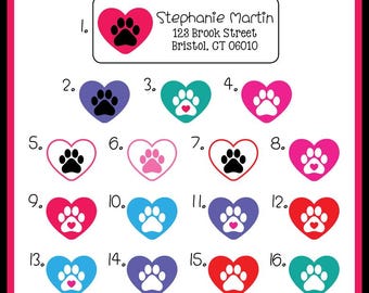 Etiquetas de remitente personalizadas con forma de corazón y huella de pata, para perro y gato (juego de 30)