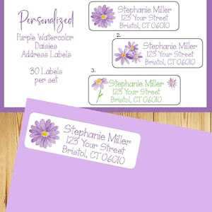 Etiquetas de remitente personalizadas con margaritas de acuarela moradas, propiedad de, juegos de 30 etiquetas