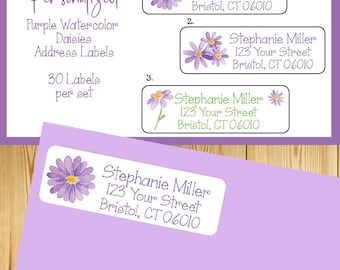 Purple Watercolor Daisies, Personalized Return Address Labels, Property of, Sets of 30 Labels