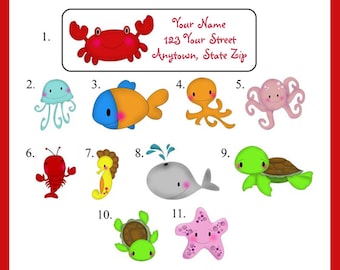 Sea Life Return Address Labels, Summer, Ocean, Beach, Sea Animals, Sets of 30, Personalized