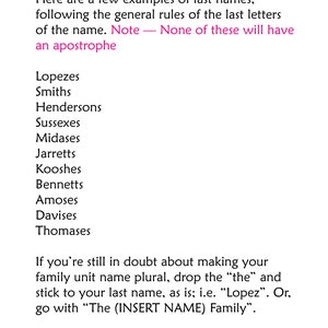 May include: A text-based document with a list of last names, followed by a note that none of the names have an apostrophe. The document also includes instructions on how to make a family unit name plural.