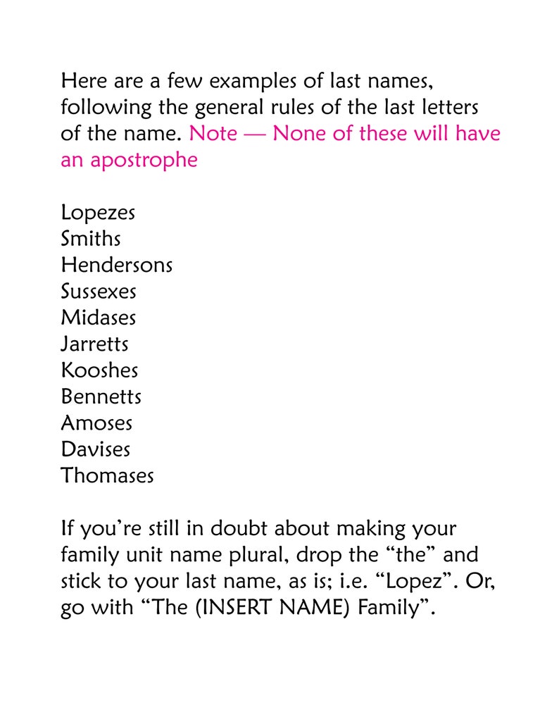 May include: A text-based document with a list of last names, followed by a note that none of the names have an apostrophe. The document also includes instructions on how to make a family unit name plural.